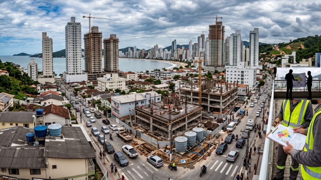 Vista urbana de Porto Belo com prédios, obras e crescimento imobiliário relacionado ao Plano Diretor