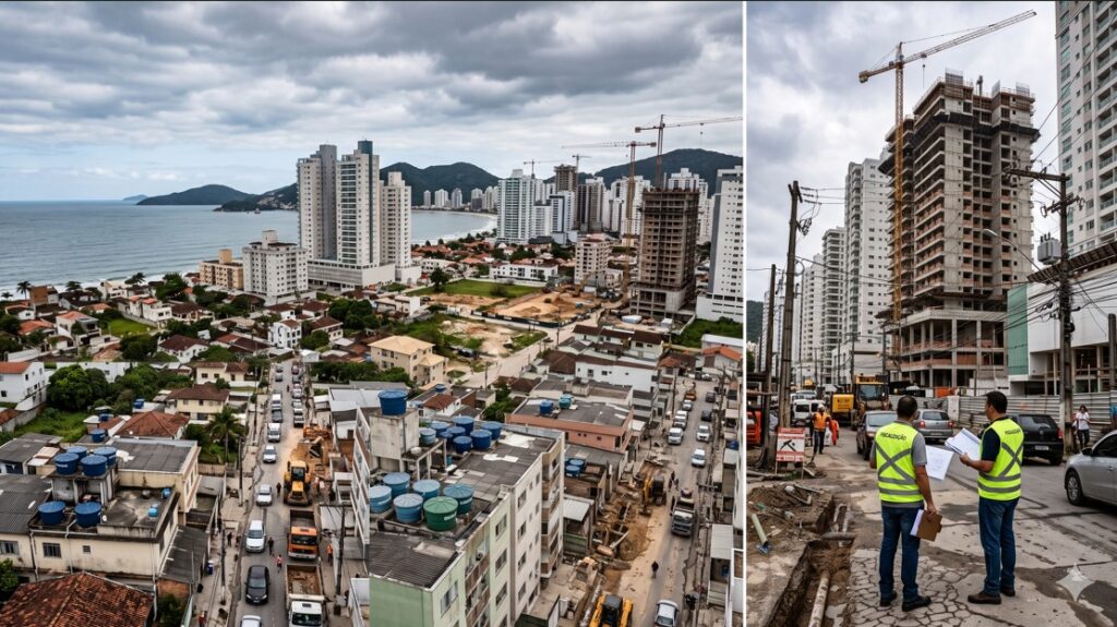 Vista urbana de Porto Belo com prédios, obras e fiscalização urbana