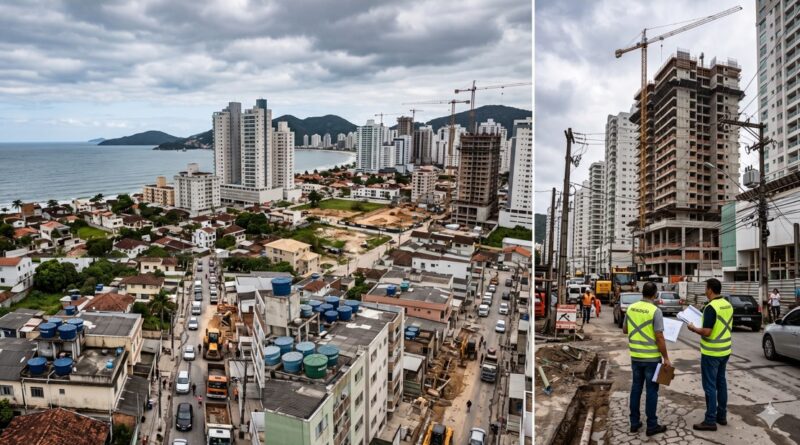 Vista urbana de Porto Belo com prédios, obras e fiscalização urbana